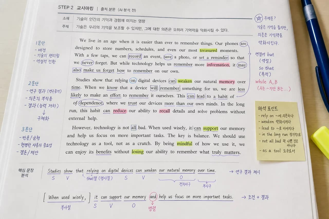 선생님이 필기와 형광펜으로 표시한 영어 지문 자료